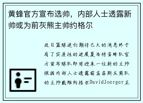 黄蜂官方宣布选帅，内部人士透露新帅或为前灰熊主帅约格尔