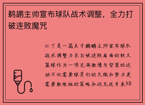 鹈鹕主帅宣布球队战术调整，全力打破连败魔咒