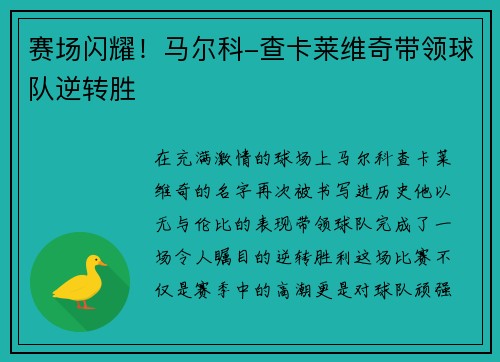 赛场闪耀！马尔科-查卡莱维奇带领球队逆转胜
