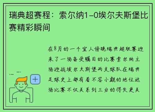 瑞典超赛程：索尔纳1-0埃尔夫斯堡比赛精彩瞬间
