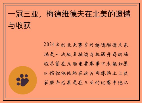 一冠三亚，梅德维德夫在北美的遗憾与收获